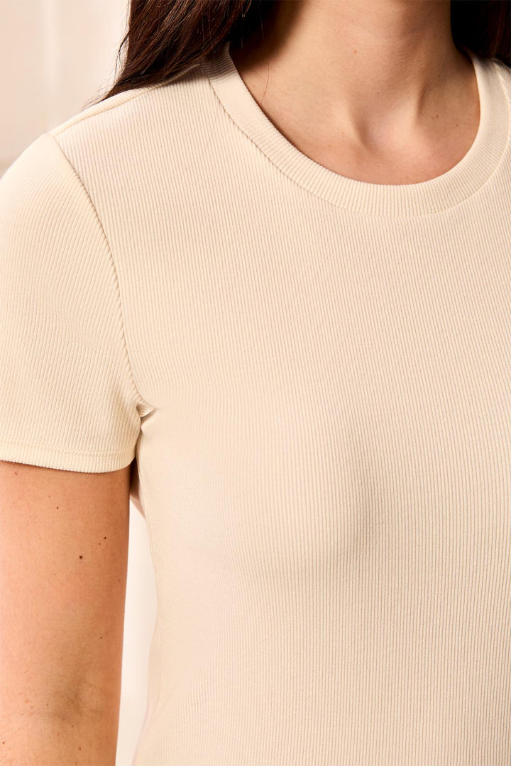 Tribal BLUE THREAD Cotton Ribbed Fitted Crew Neck Tee - Cream | Tribal Women&