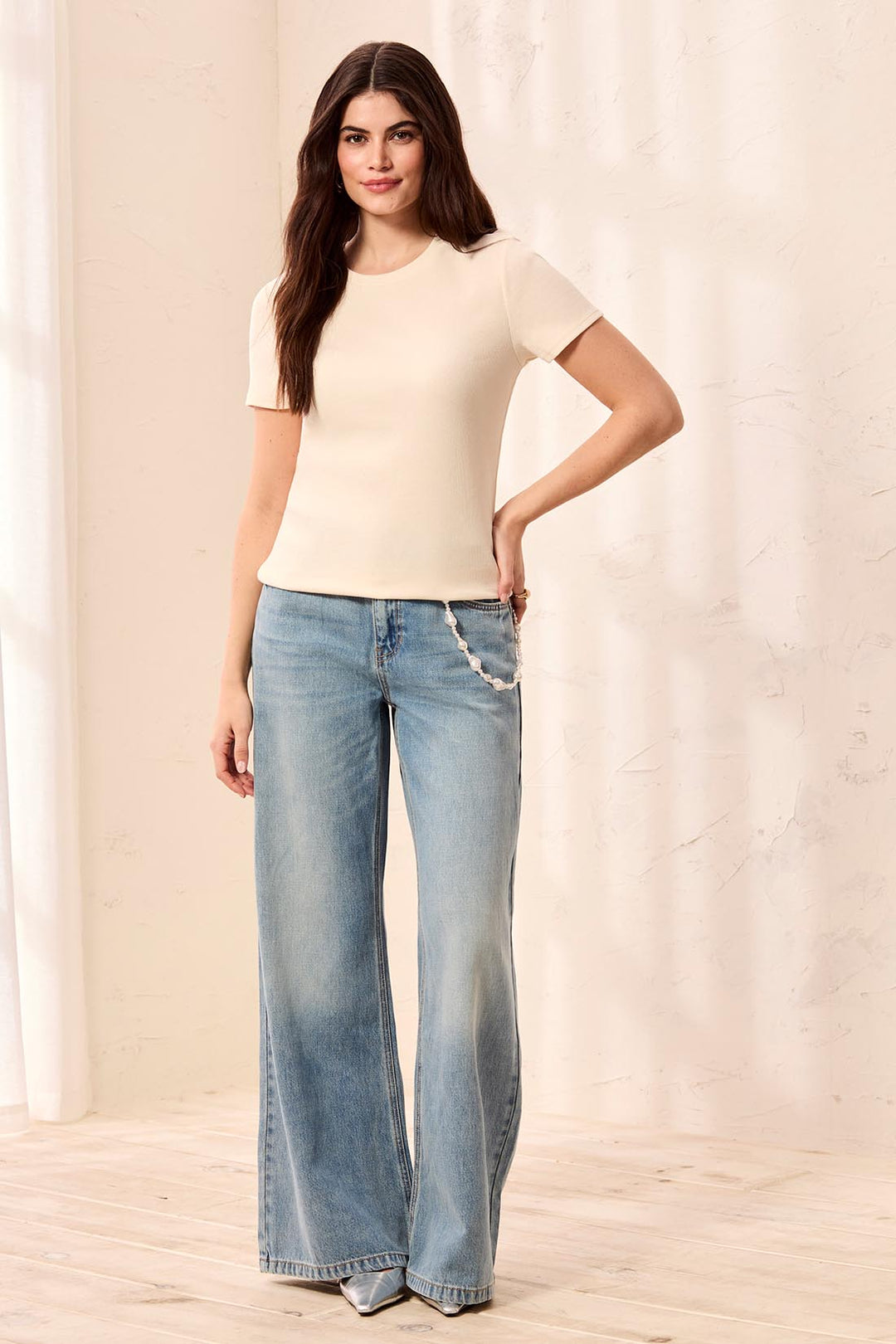Tribal BLUE THREAD Cotton Ribbed Fitted Crew Neck Tee - Cream | Tribal Women&