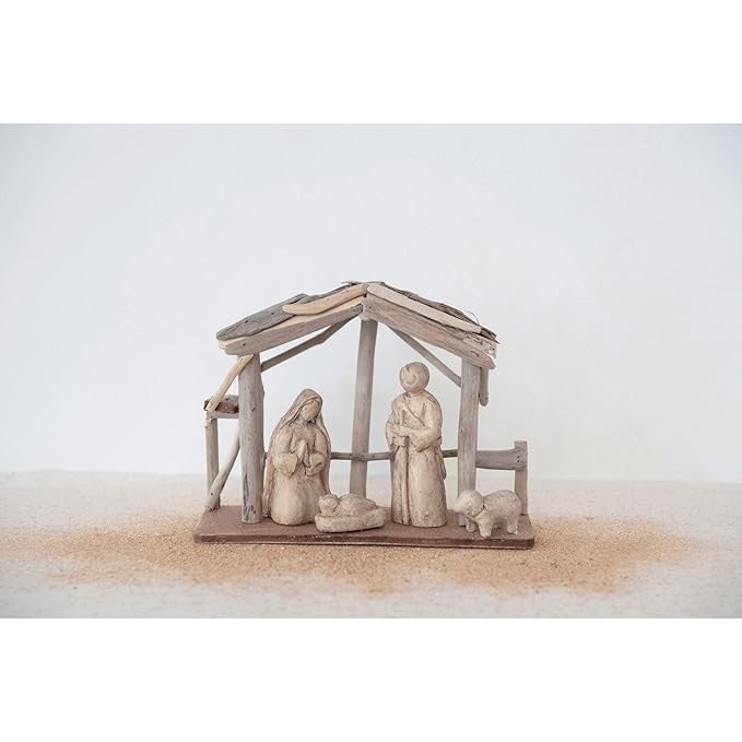 10" x 3 1/2" x 7 1/2" Handmade Driftwood and Paper Mache Nativity with Wood Base