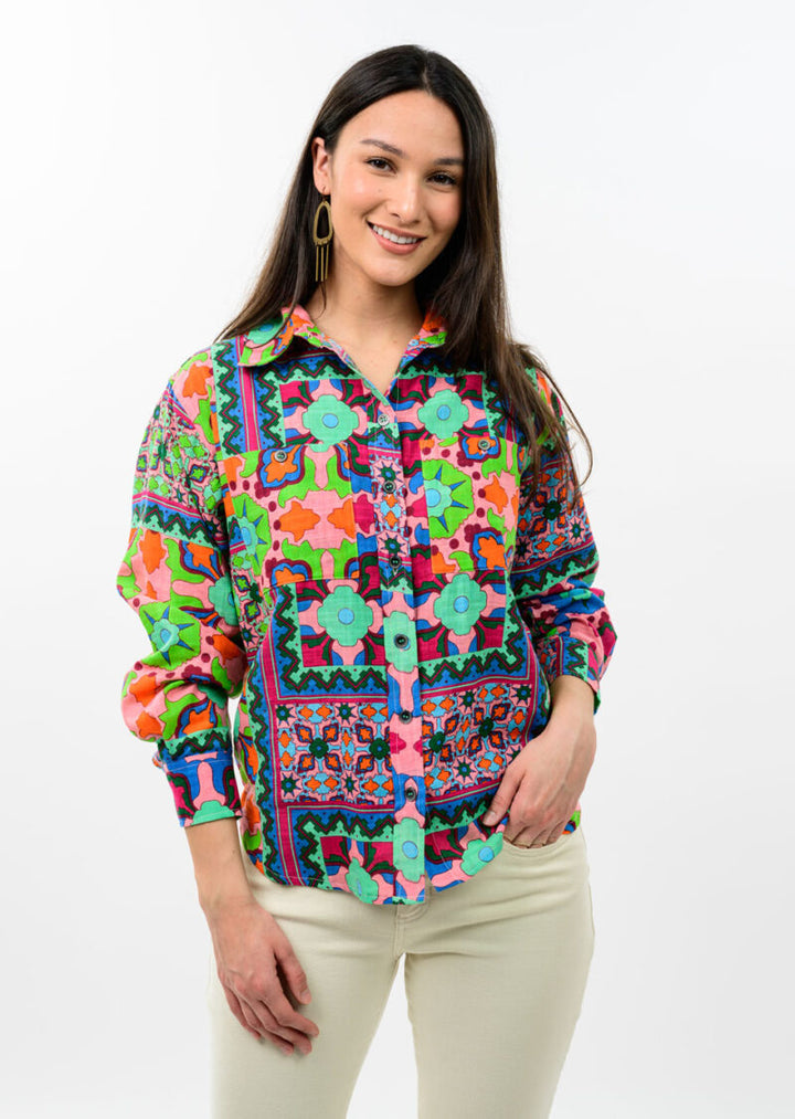 Ivy Jane Patch Print Camp Shirt in multi featuring a colorful patchwork print and camp collar.