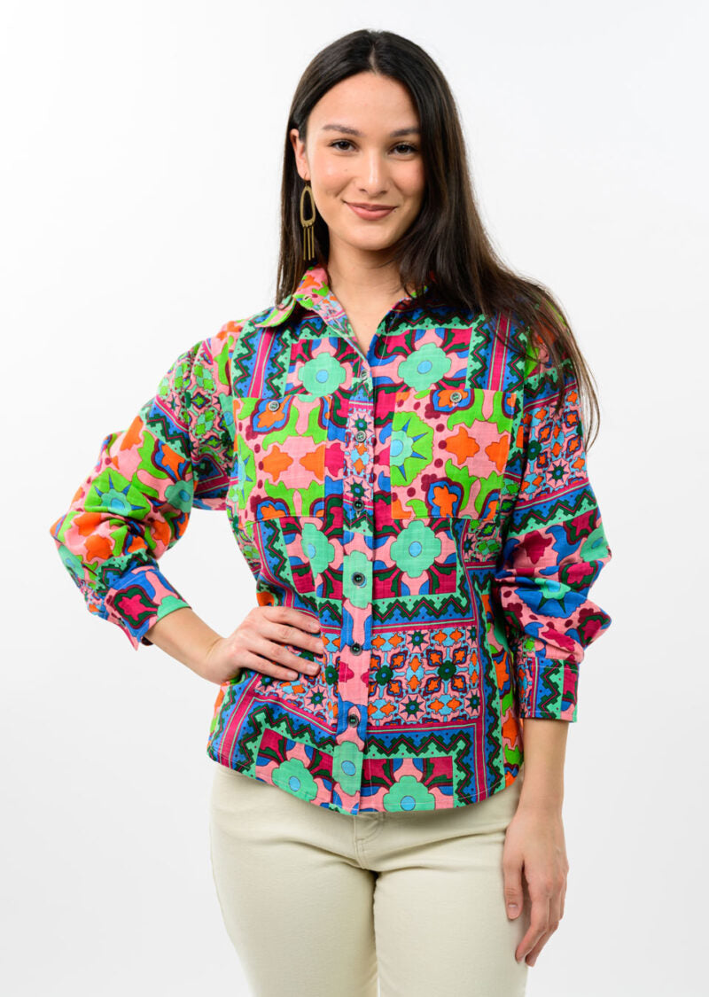 Ivy Jane Patch Print Camp Shirt in multi featuring a colorful patchwork print and camp collar.
