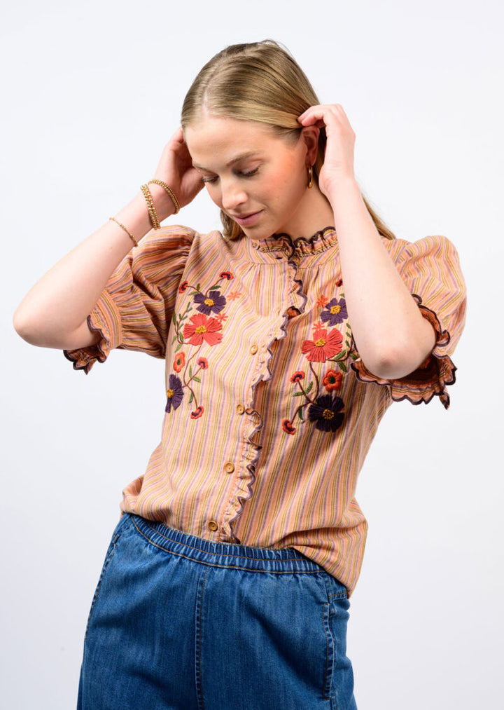 Ivy Jane Ribbon Embroidered Shirt in orange featuring delicate ribbon embroidery and a lightweight fit.