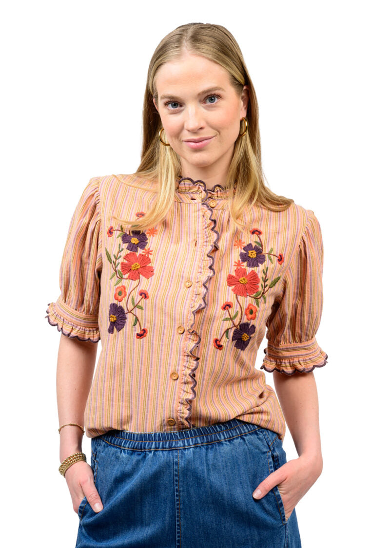 Ivy Jane Ribbon Embroidered Shirt in orange featuring delicate ribbon embroidery and a lightweight fit.