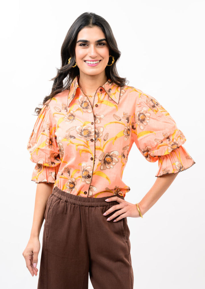 Ivy Jane Pointed Collar Poof Sleeve Shirt in coral featuring a pointed collar and dramatic poof sleeves.
