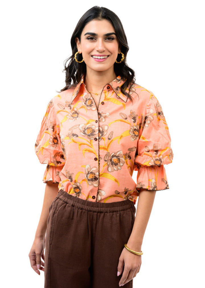 Ivy Jane Pointed Collar Poof Sleeve Shirt in coral featuring a pointed collar and dramatic poof sleeves.