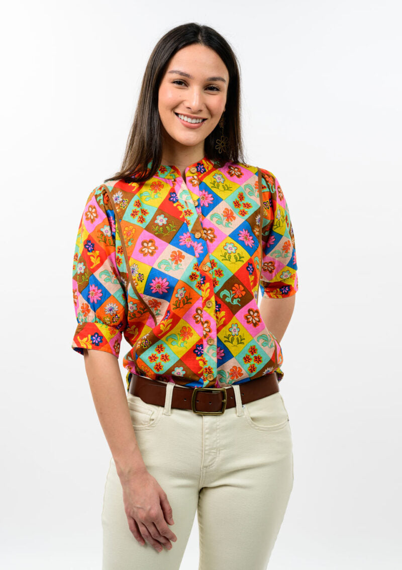Ivy Jane Block Patch Floral Top in multi featuring colorful floral patches in a bold block print.