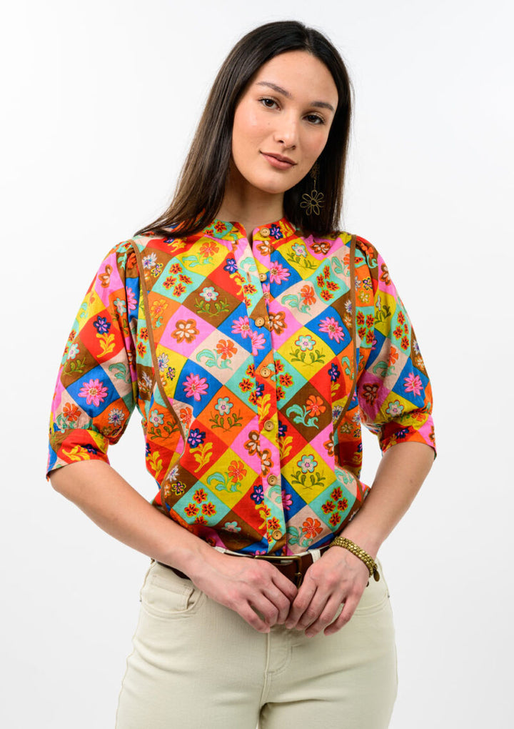 Ivy Jane Block Patch Floral Top in multi featuring colorful floral patches in a bold block print.