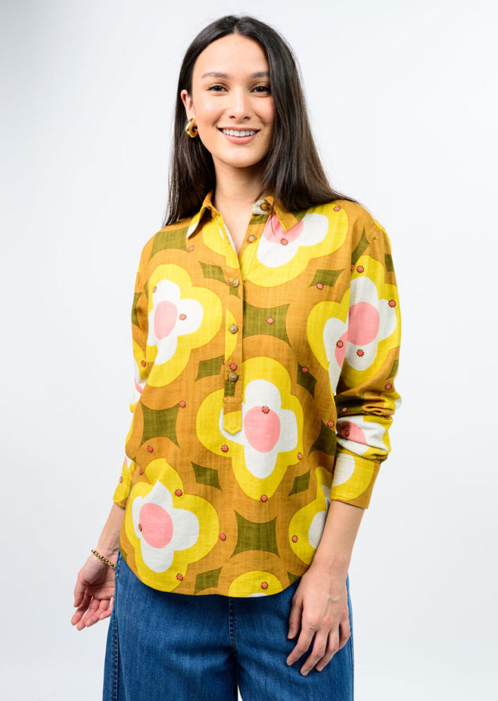 Ivy Jane Daisy Embroidery Popover Shirt in multi featuring cheerful daisy embroidery and a relaxed silhouette.