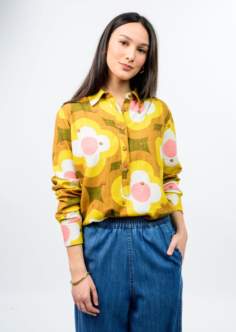 Ivy Jane Daisy Embroidery Popover Shirt in multi featuring cheerful daisy embroidery and a relaxed silhouette.