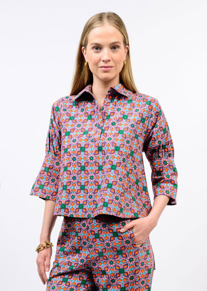 Ivy Jane Tile Print Popover Top in blue featuring a graphic tile print and relaxed fit.