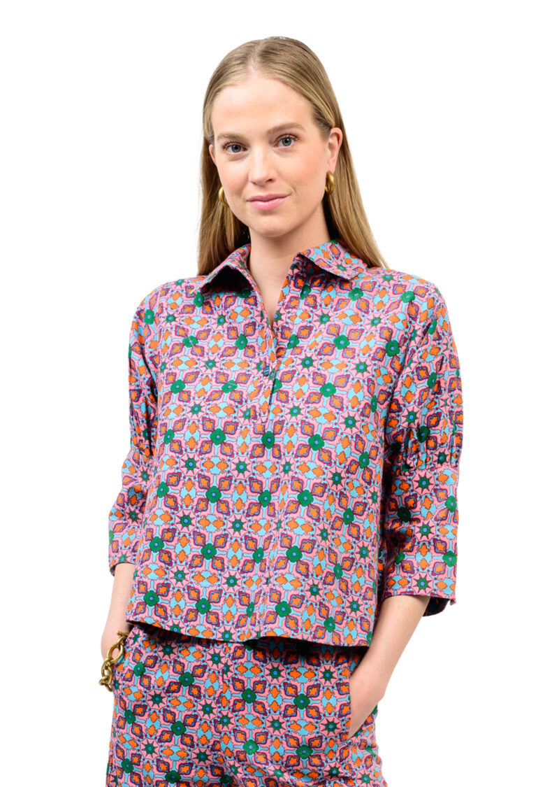 Ivy Jane Tile Print Popover Top in blue featuring a graphic tile print and relaxed fit.