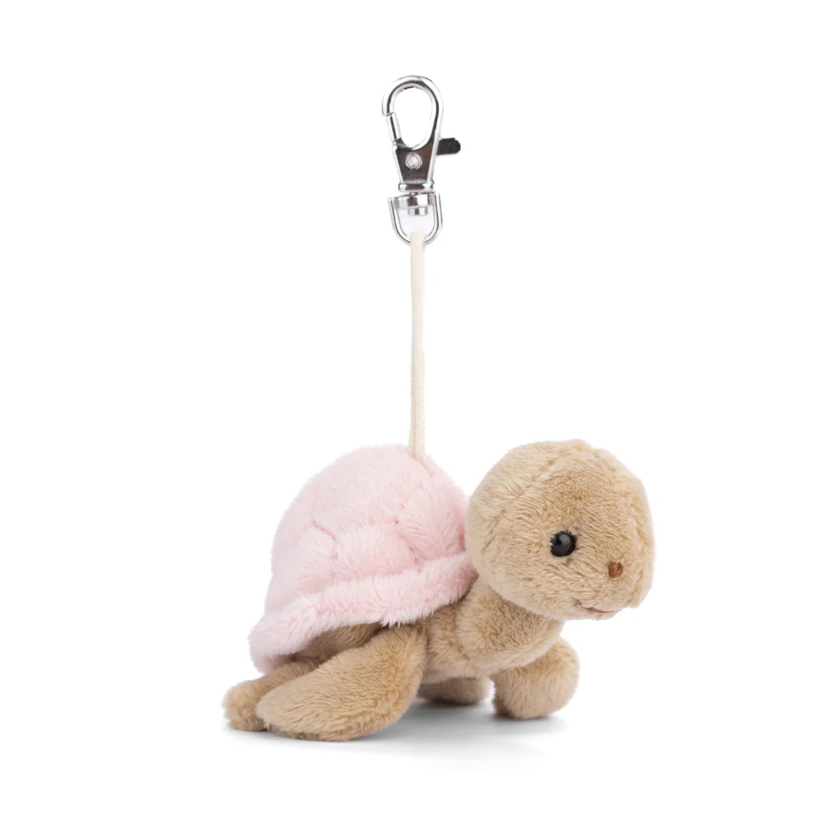 Small plush sea turtle bag charm in pink and green with a metal keychain clip.