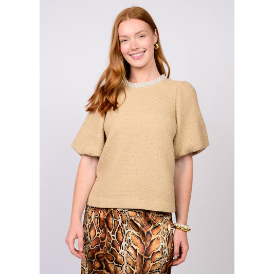 Ivy Jane Pearl Trim Puff Sleeve Blouse – Camel
