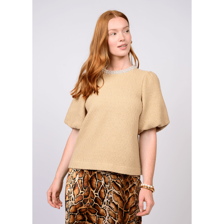 Ivy Jane Pearl Trim Puff Sleeve Blouse – Camel