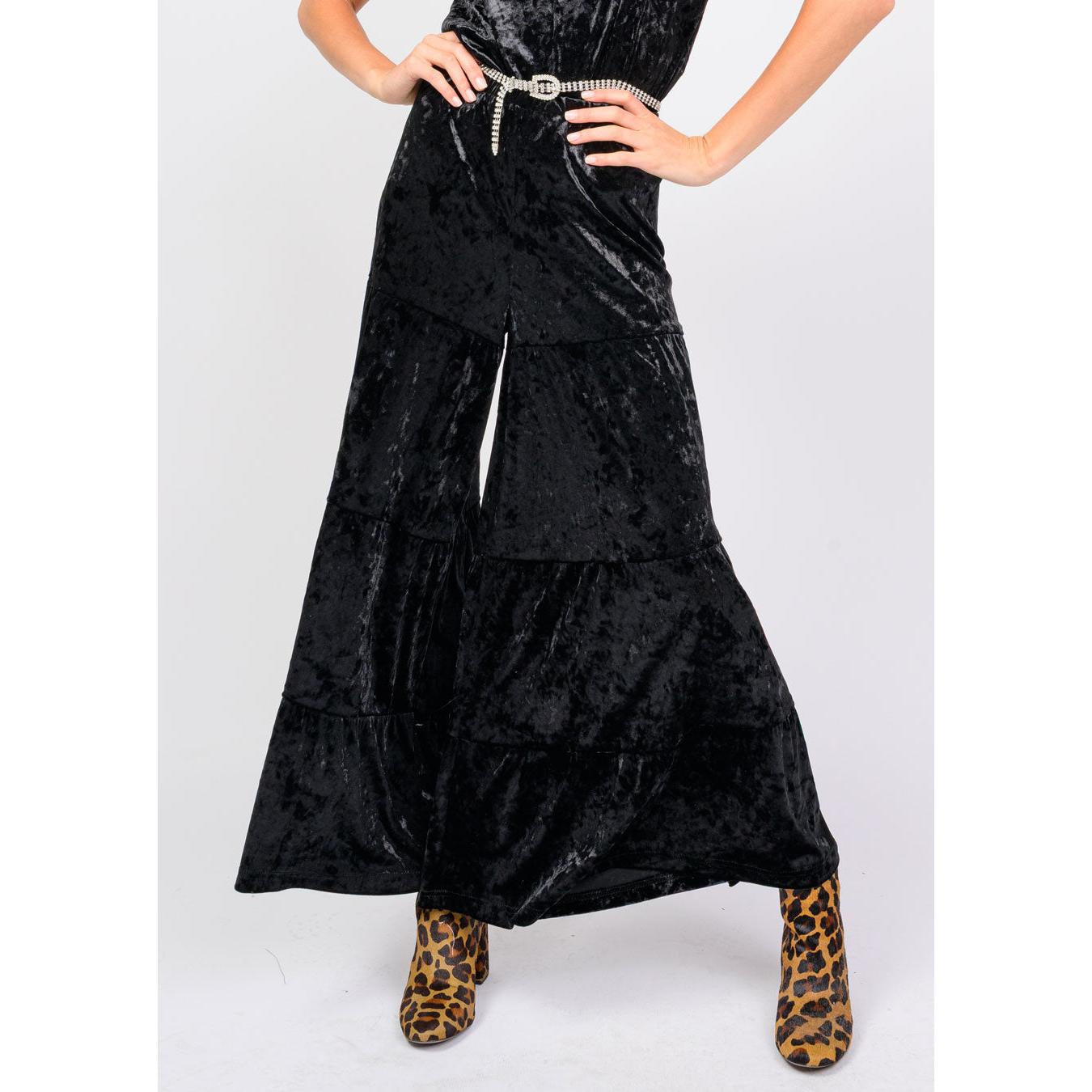 Ivy Jane Velvet Tiered Wide Leg Pants – Black