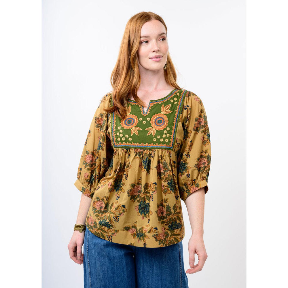 Ivy Jane camel embroidered yoke floral top, boutique women's clothing at Bella Gifts from the Heart