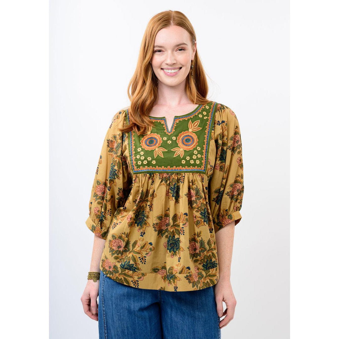Camel embroidered yoke floral top from Ivy Jane, shop Bella Gifts from the Heart in Crockett TX