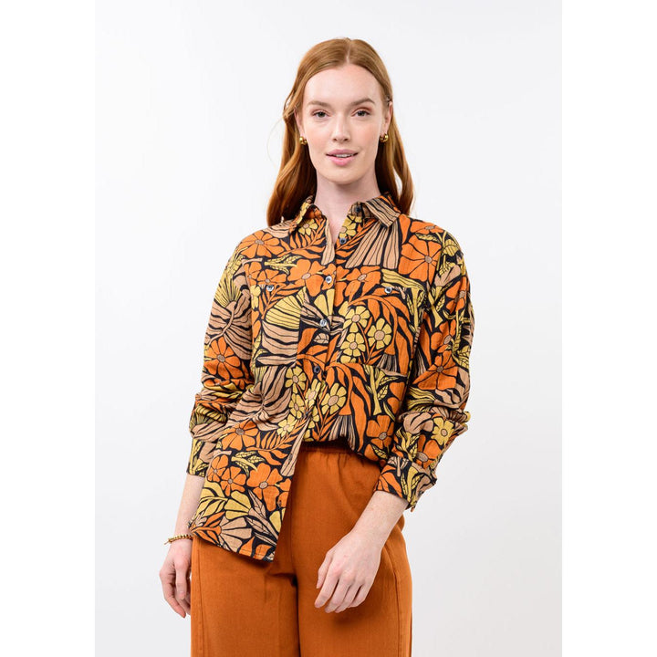 Ivy Jane black mod flower print camp shirt, boutique women&