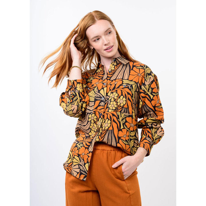 Black mod flower print camp shirt from Ivy Jane, shop Bella Gifts from the Heart in Crockett TX