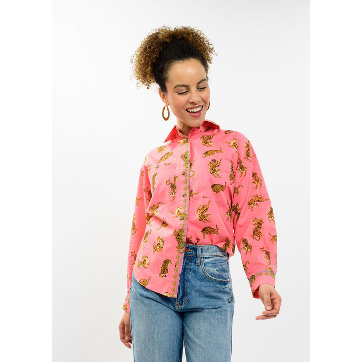 Ivy Jane coral tiger print camp shirt, boutique women&