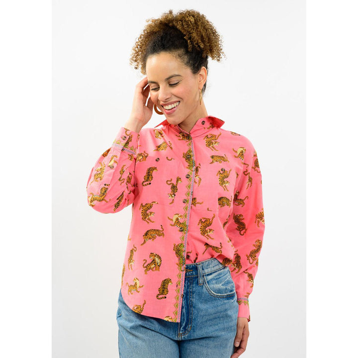 Coral tiger print camp shirt from Ivy Jane, shop Bella Gifts from the Heart in Crockett TX