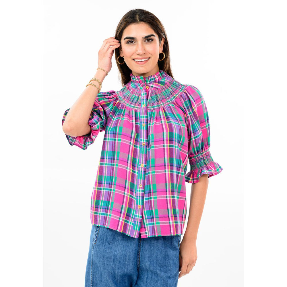 Ivy Jane pink plaid smocked yoke blouse, boutique women's clothing at Bella Gifts from the Heart