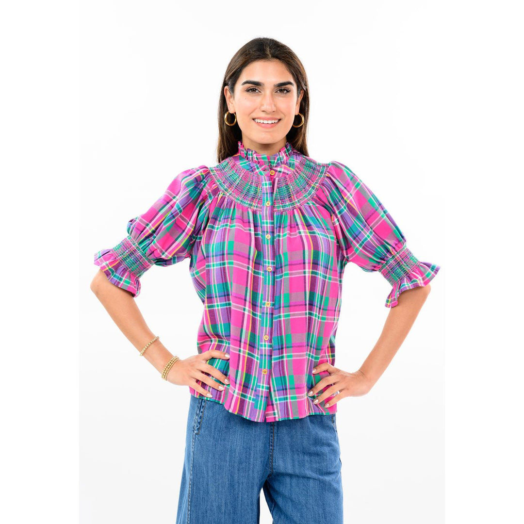 Pink plaid smocked yoke blouse from Ivy Jane, shop Bella Gifts from the Heart in Crockett TX