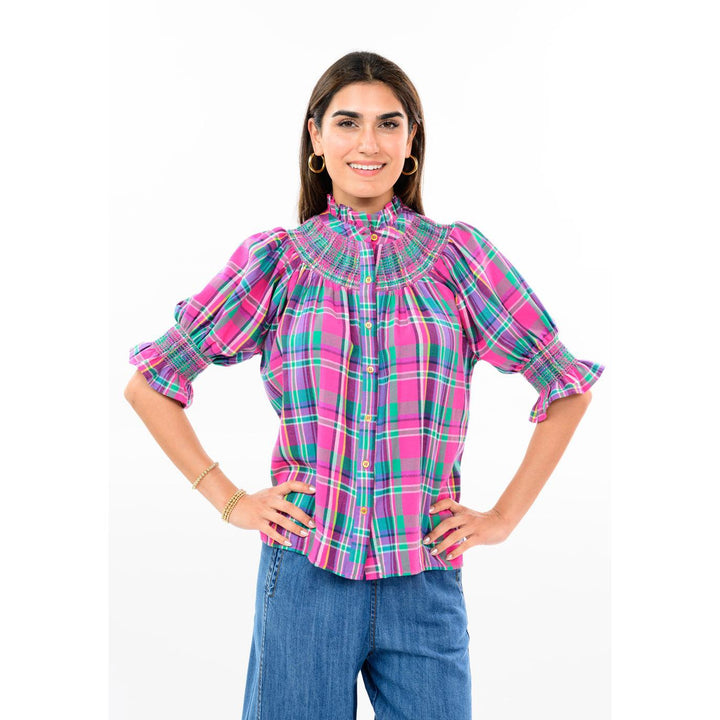 Pink plaid smocked yoke blouse from Ivy Jane, shop Bella Gifts from the Heart in Crockett TX