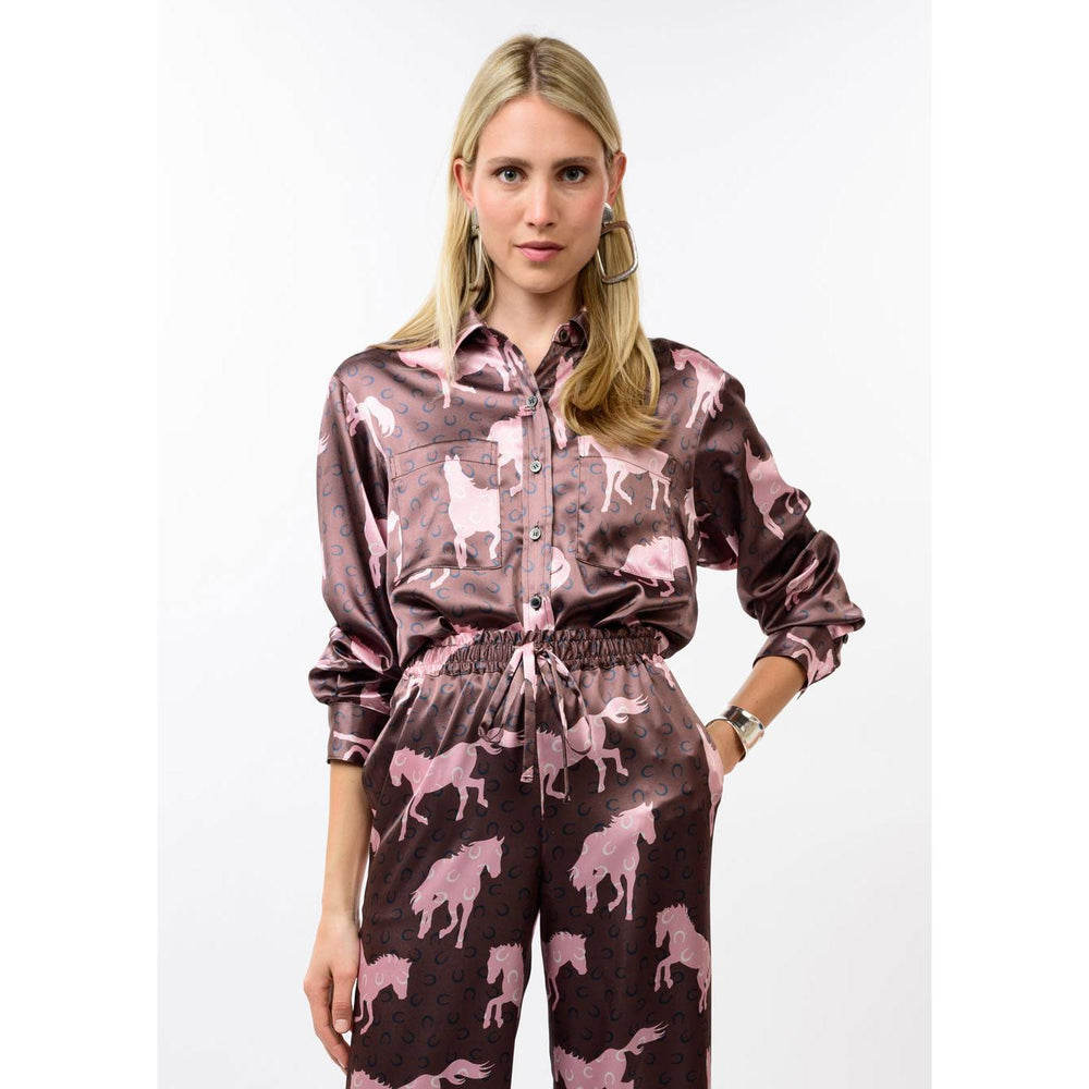 Ivy Jane brown horse print camp shirt, boutique women's clothing at Bella Gifts from the Heart