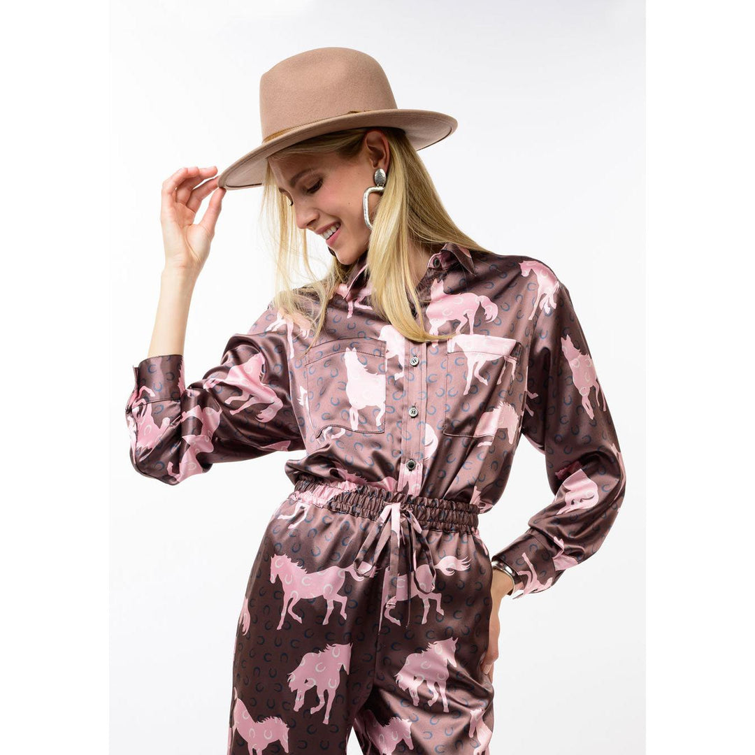 Brown horse print camp shirt from Ivy Jane, shop Bella Gifts from the Heart in Crockett TX