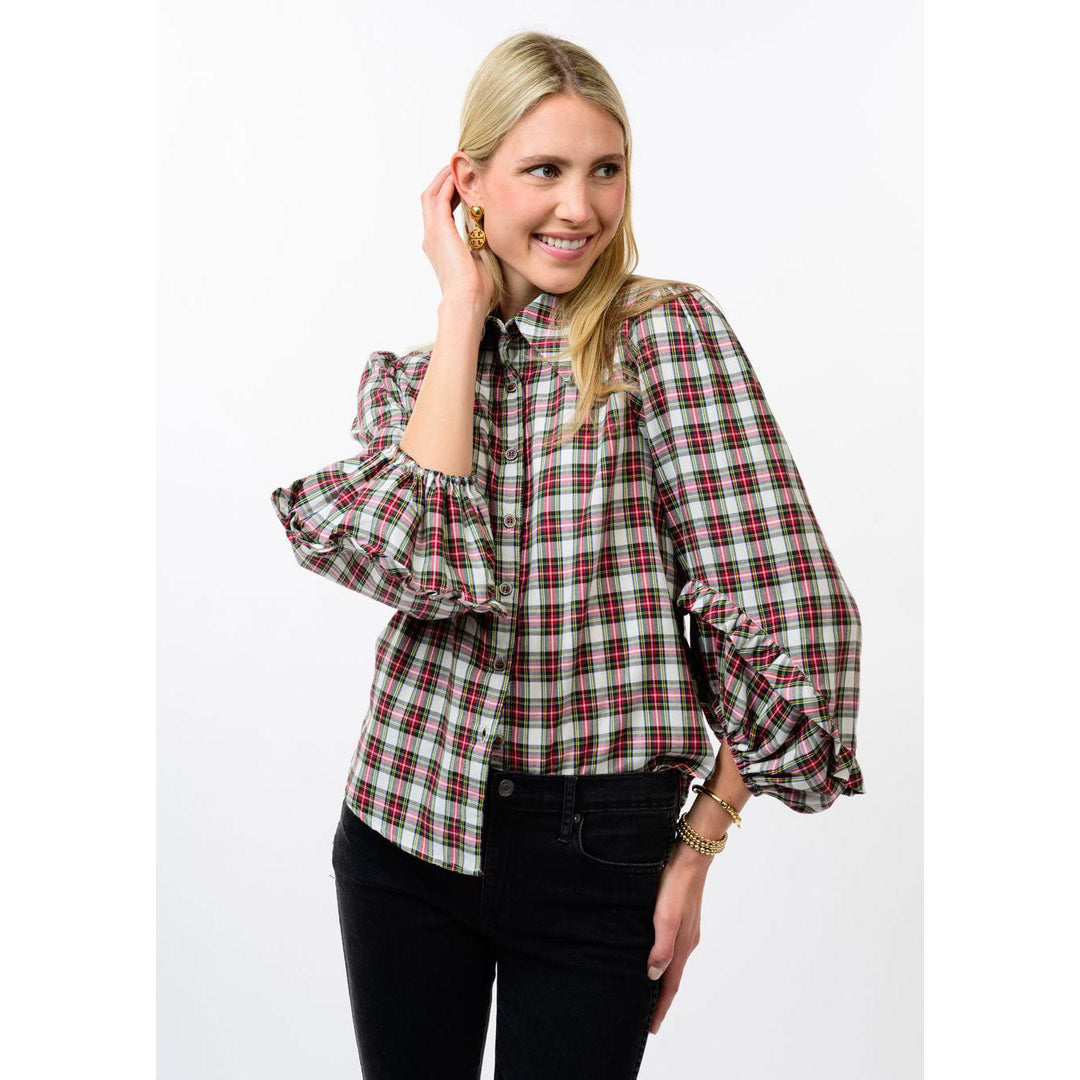 Ivory plaid balloon sleeve top from Ivy Jane, shop Bella Gifts from the Heart in Crockett TX
