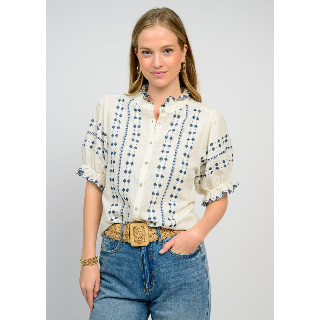 Ivy Jane Rows of Embroidery Top - Ivory &amp; Blue Boho Blouse