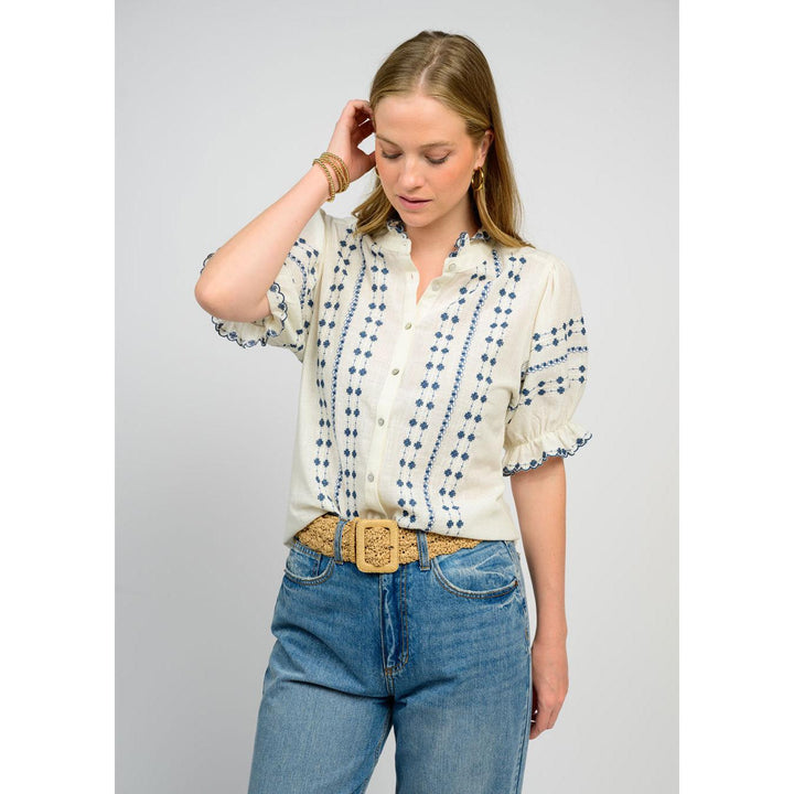 Ivy Jane Rows of Embroidery Top - Ivory &amp; Blue Boho Blouse