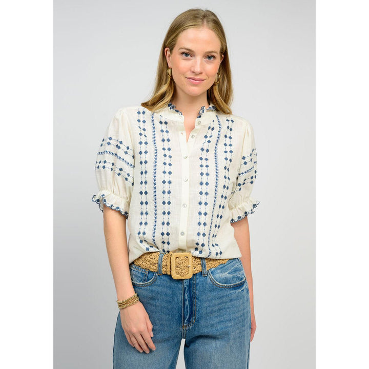 Ivy Jane Rows of Embroidery Top - Ivory &amp; Blue Boho Blouse