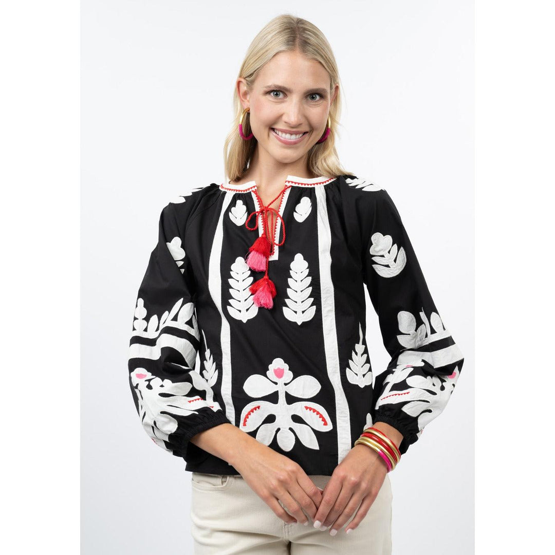 Ivy Jane Appliqué Split Neck Top - Black &amp; White Floral Embroidery