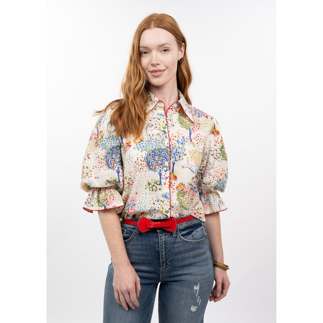 Ivy Jane Whimsical Top - Multi-Color Print Puff Sleeve Blouse