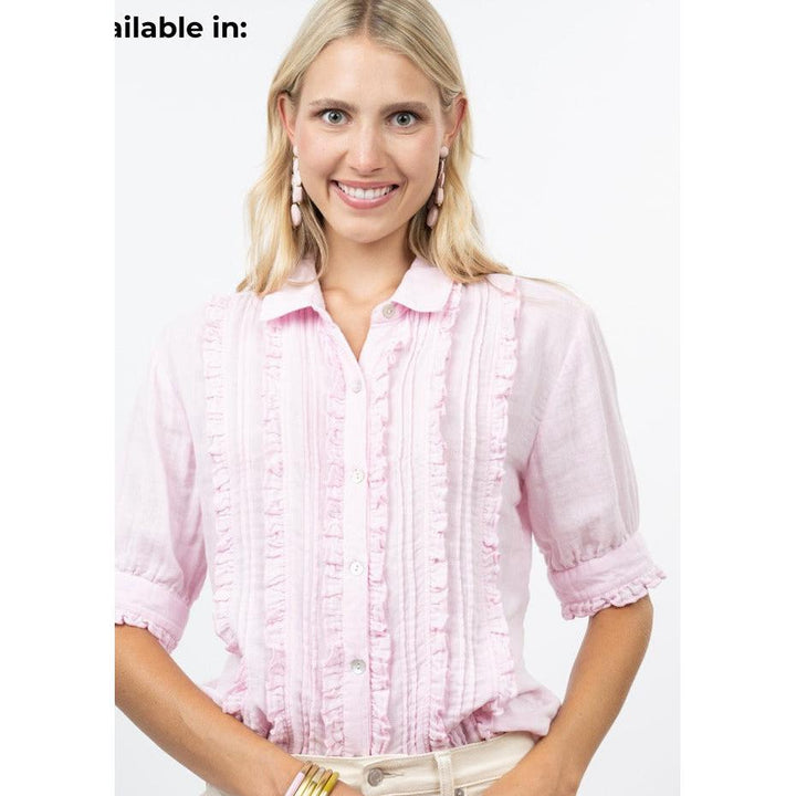 Ivy Jane "The Laurel" Tuxedo Gauze Shirt - Ruffle Trim Puff Sleeve Blouse