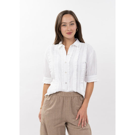 Laurel shirt, Ivy Jane 641496, tuxedo gauze blouse, white ruffle button-down, short puff sleeve top, Ivy Jane Spring 2026 tops, designer gauze blouse.