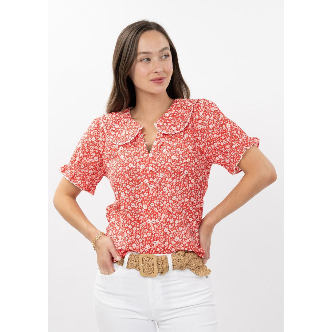 Ivy Jane "The Ditsy Poet" Floral Top - Red Puff Sleeve Blouse