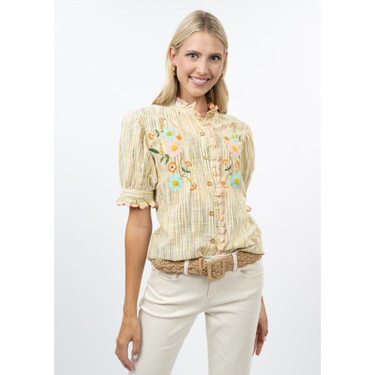 Clementine blouse, Ivy Jane 641505, ribbon embroidered top, floral embroidery blouse, puff sleeve striped top, women's designer spring tops, boutique embroidered blouses.