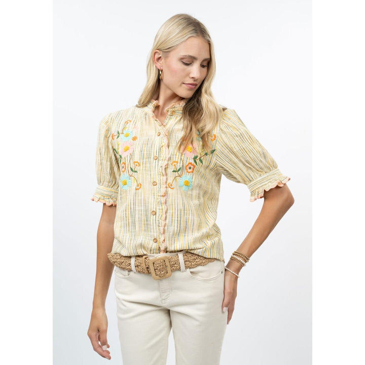 Ivy Jane "The Clementine" Ribbon Embroidered Blouse - Golden Striped Puff Sleeve Top