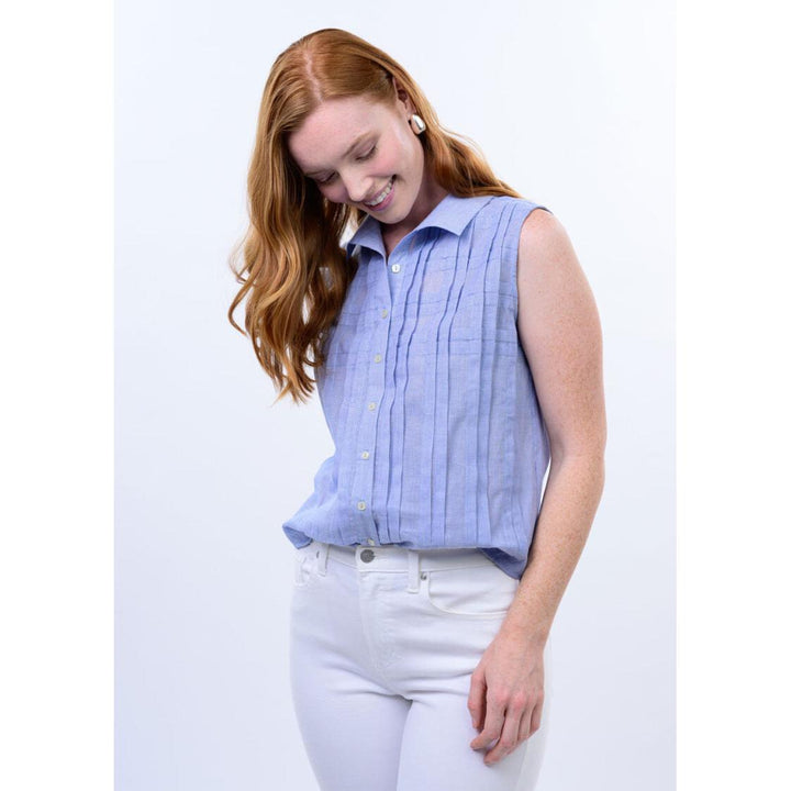 Ivy Jane Tucked Pattern Shirt - Sleeveless Blue Button-Down