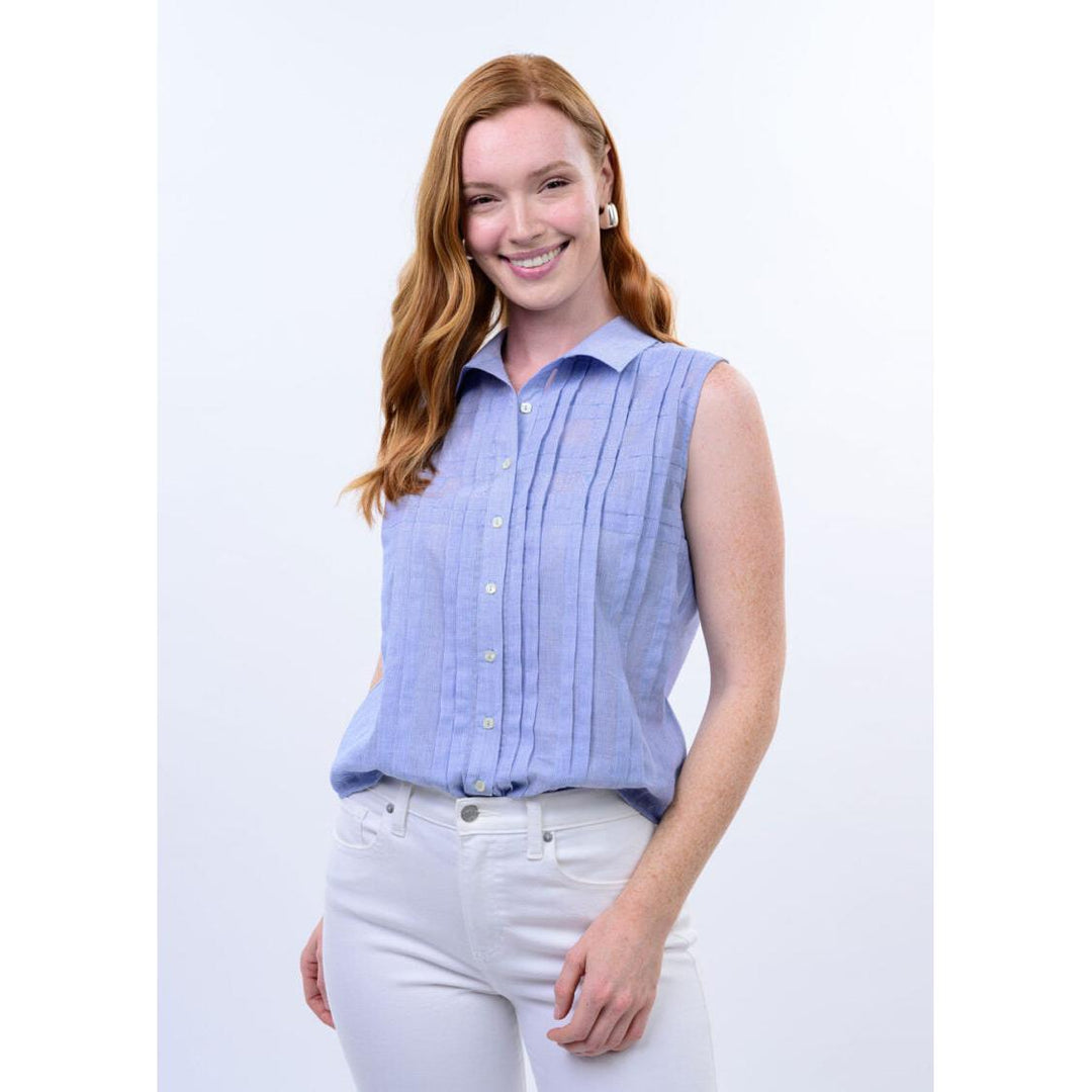 Ivy Jane Sleeveless Blue Tucked Pattern Shirt featuring vertical pintucks and a button-down front.