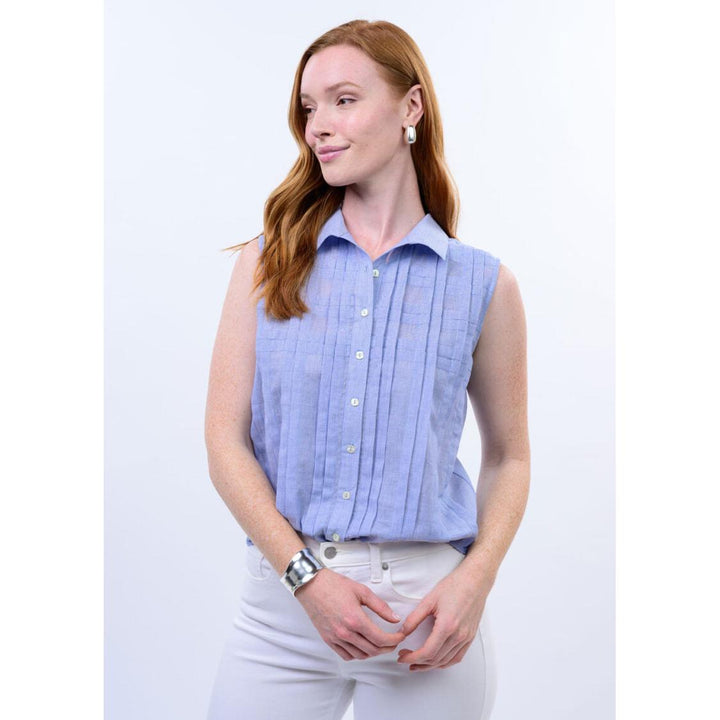 Ivy Jane Tucked Pattern Shirt - Sleeveless Blue Button-Down
