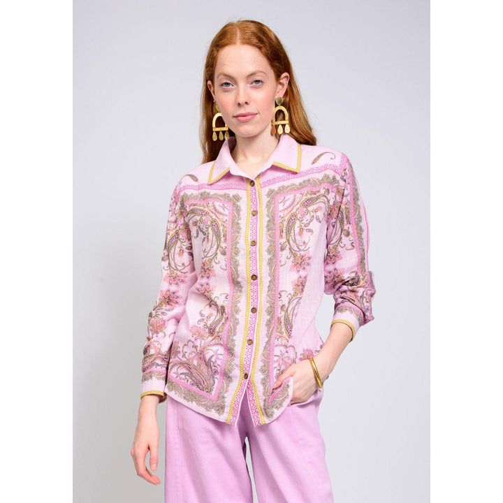 Ivy Jane long sleeve button-down shirt with a pink paisley pattern and decorative border print on the hem.