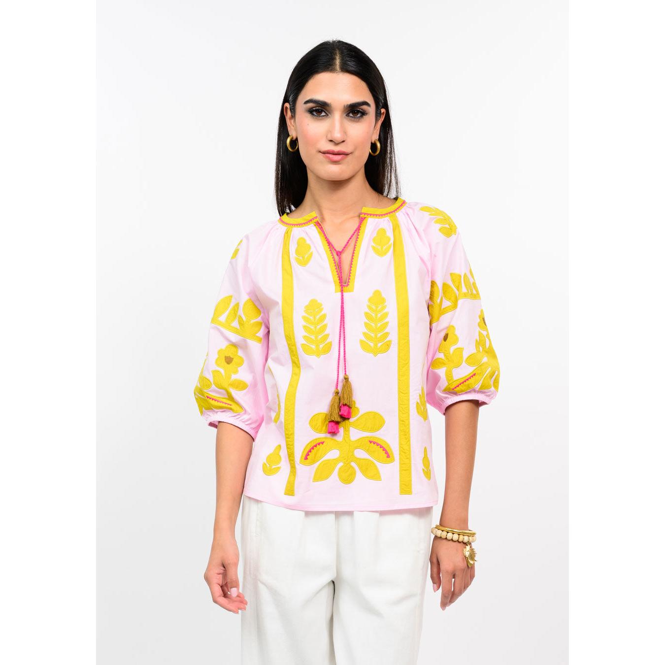 Ivy Jane women's pink blouse with textured floral applique detailing on the front.