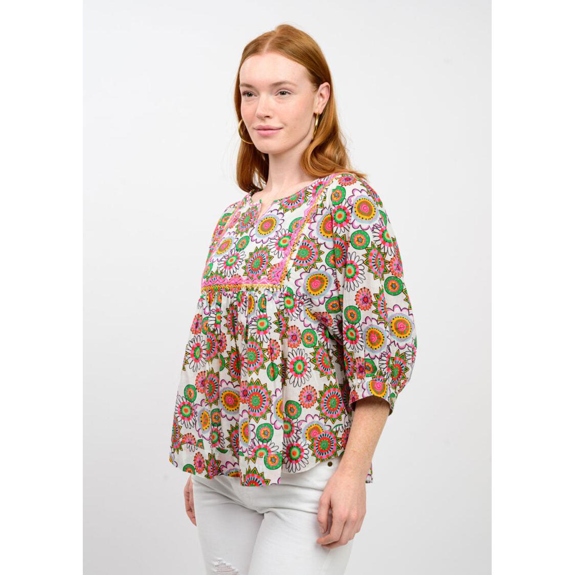 Close-up of the smocked elastic bodice and ruffle neckline on the Ivy Jane floral blouse.