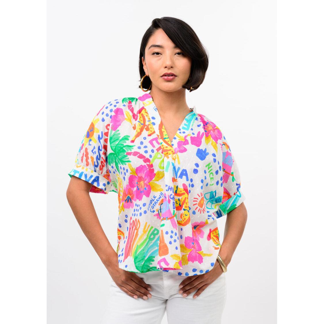 Ivy Jane Popover Dolman Top with a vibrant multi-color abstract print and oversized silhouette.