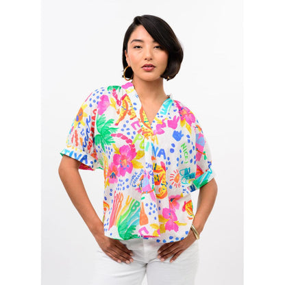 Ivy Jane Popover Dolman Top with a vibrant multi-color abstract print and oversized silhouette.