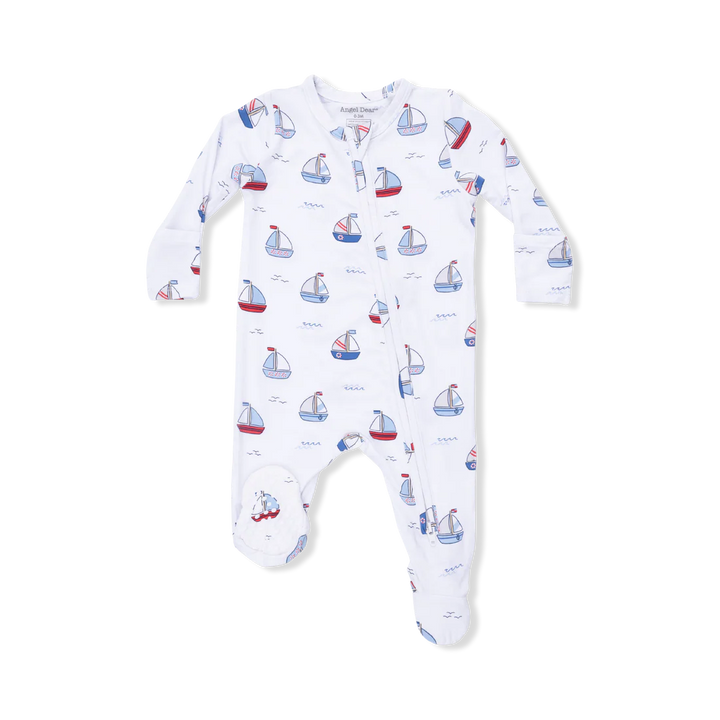 Baby boy light blue bamboo 2-way zipper footie with bubbly sailboat print